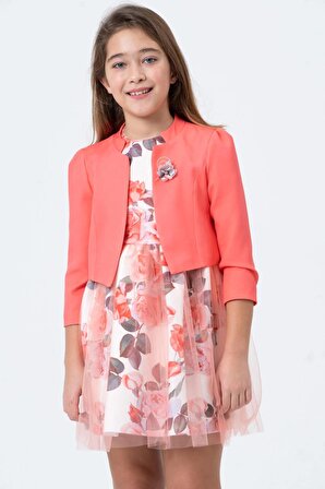 Kız Çocuk Düz Renk Ceketli Güllü Tüllü Bayramlık Mevsimlik Elbise Takım