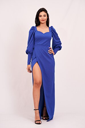 Kadın Saks Mavisi Balon Kol Kalp Yaka Yırtmaçlı Uzun Abiye Elbise