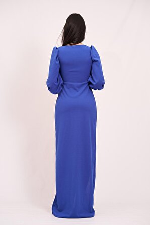 Kadın Saks Mavisi Balon Kol Kalp Yaka Yırtmaçlı Uzun Abiye Elbise