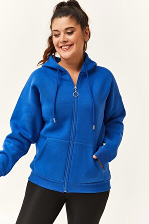 Kadın Büyük Beden Şardonlu Fermuarlı Kalın Mavi Sweatshirt