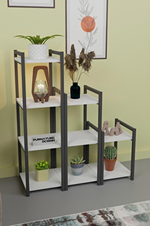 CMK Store Metal Ahşap Dekoratif Çok Amaçlı Raf 9 Raflı Banyo Mutfak Rafı Çiçeklik Organizer Beyaz