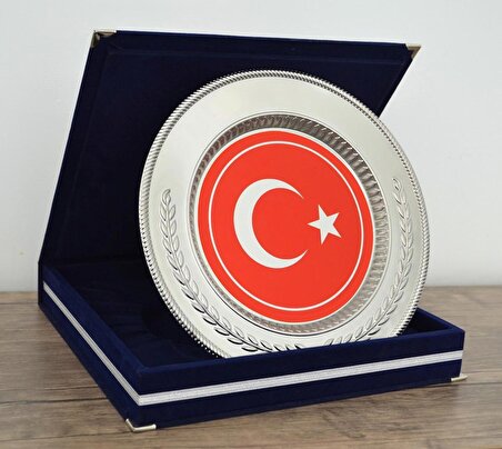 Hediye, Anı Plaketi - 25 cm Çap Tabak Plaket - Milli Arma Türk Bayrağı Baskılı