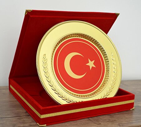 Hediye, Anı Plaketi - 25 cm Çap Tabak Plaket - Milli Arma Türk Bayrağı Baskılı