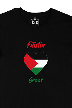 Gazze Filistin Bayraklı Kalpli Özel Baskı Siyah Tişört
