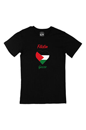Gazze Filistin Bayraklı Kalpli Özel Baskı Siyah Tişört
