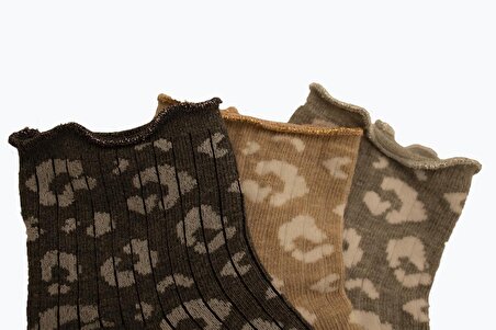 Leopar Desenli 3'lü Patik (Kısa Konç) Çorap Seti Çok Renkli Derbili Sim Fırfırlı