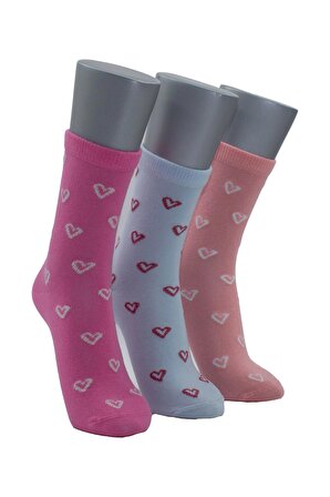 Bayan Soket Çorap 3 Lü Kalp desenli Renkli