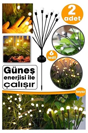 2 Adet Ateş Böceği 6 Ledli Solar Güneş Enerjili Çiçek Lamba 12 adet Led Işık Bahçe Lambası