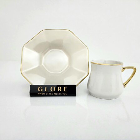 Glore Altıgen Krem Altın Yaldızlı Kahve Fincan Takımı (2 Kişilik)