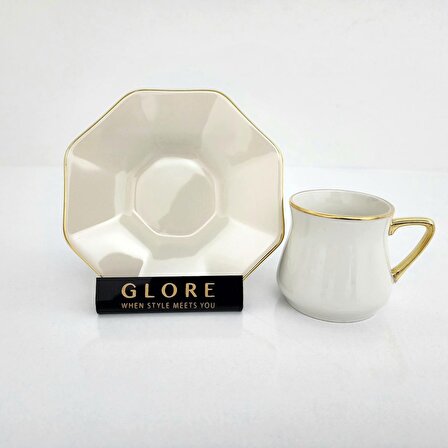 Glore Altıgen Krem Altın Yaldızlı Kahve Fincan Takımı (2 Kişilik)