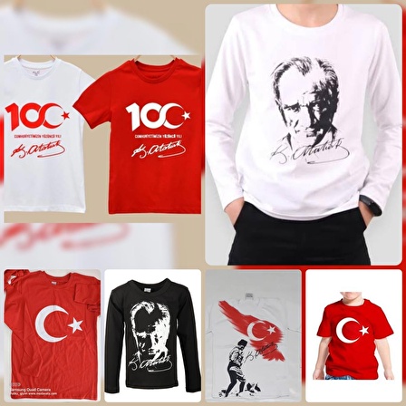 MODAVALS 23 NİSAN 19 MAYIS 30 AĞUSTOS 29 EKİM 10 KASIM OKUL GÖSTERİ UNISEX GARSON BOY 100. YIL ATATÜRK İMZA BASKILI KISA KOL TSHIRT - KIRMIZI