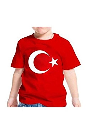 MODAVALS 23 NİSAN 19 MAYIS 29 EKİM 10 KASIM OKUL GÖSTERİ UNISEX GARSON BOY AY YILDIZ BASKILI KISA KOL TSHIRT - KIRMIZI