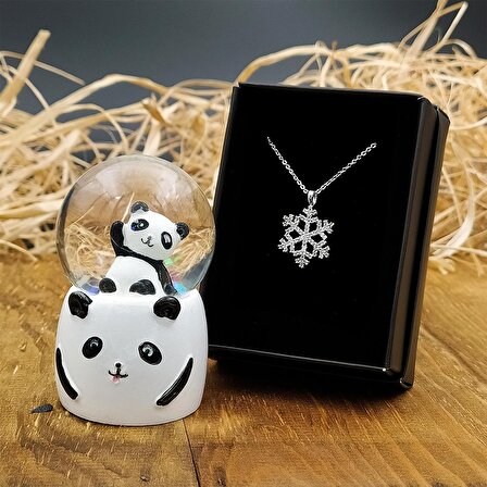 Sevimli Panda Işıklı Mini Kar Küresi & Kar Tanesi Kolye Hediye Seti