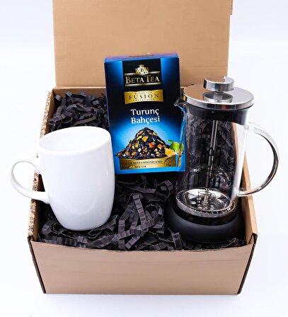 Tea Time French Press & Beyaz Kupa & Beta Tea Siyah ve Meyve Çayı  Hediye Seti