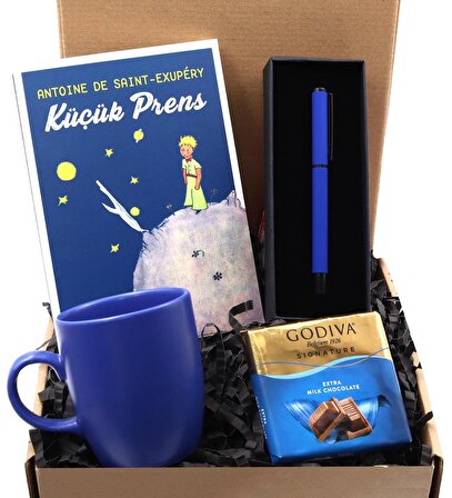 Mavi Roller Kalem  & Küçük Prens Kitap & Mavi Kupa & Godiva Çikolata Hediye Seti