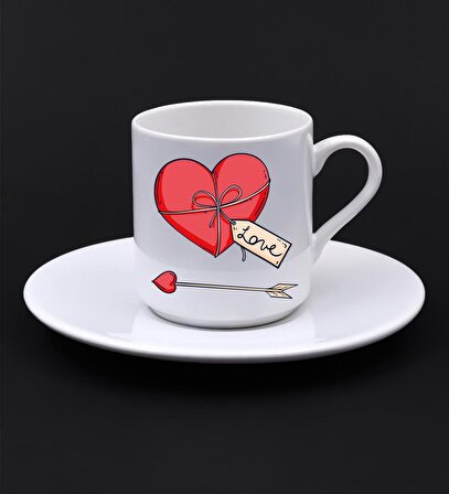 2'li Kalp Desenli Beyaz Fincan & 2 Adet Tek İçimlik Türk Kahvesi & 2 Adet Kalp Çikolata Hediye Seti