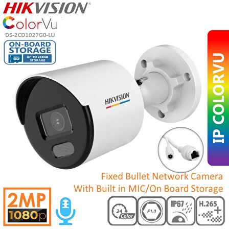 HIKVISION Bullet DS-2CD1027G0-LUF Gece Renkli PoE 2MP IP Dahili Sesli Kamera ColorVu H.265+IP67