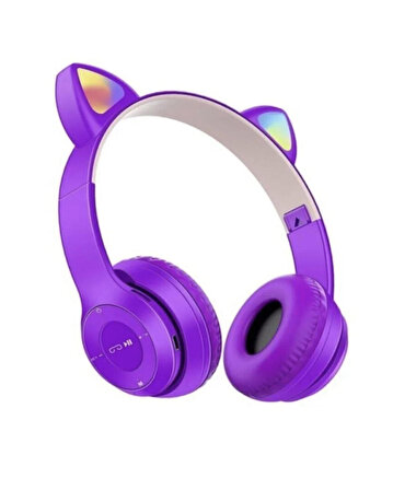 P47M Bluetooth 5.0 Kedi Tasarımlı Katlanabilir Kulak Üstü Kulaklık MOR