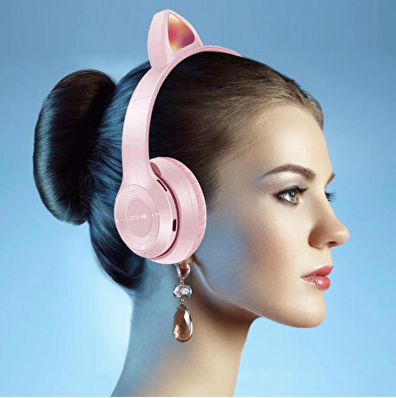 P47M Bluetooth 5.0 Kedi Tasarımlı Katlanabilir Kulak Üstü Kulaklık MAVİ