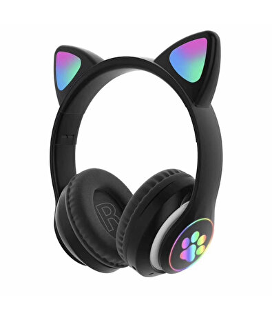 Sevimli Kedi Kulaklı Led Işıklı Kablosuz Kulaküstü Bluetooth Kulaklık STN-28 SİYAH