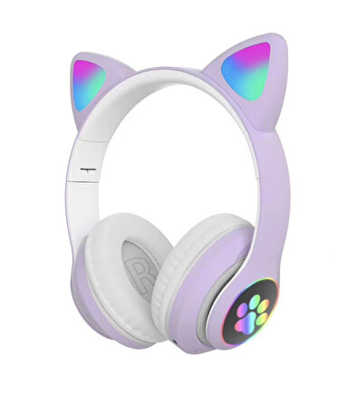 Sevimli Kedi Kulaklı Led Işıklı Kablosuz Kulaküstü Bluetooth Kulaklık STN-28 LİLA