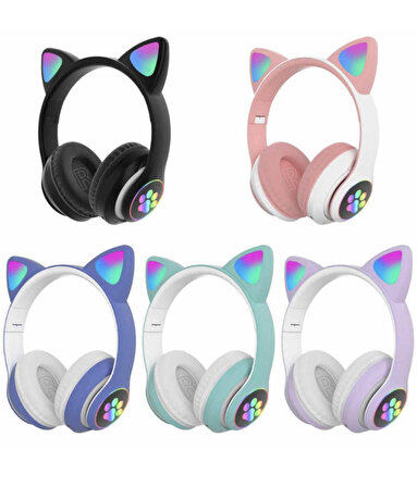 Sevimli Kedi Kulaklı Led Işıklı Kablosuz Kulaküstü Bluetooth Kulaklık STN-28 LİLA