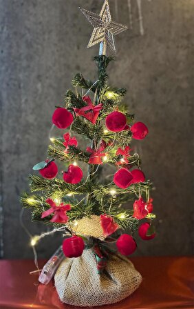 Masaüstü Kırmızı Konsept Süslü Çam Ağacı 40 cm, Kütüklü Jütlü 25 parça Süs ve Işık