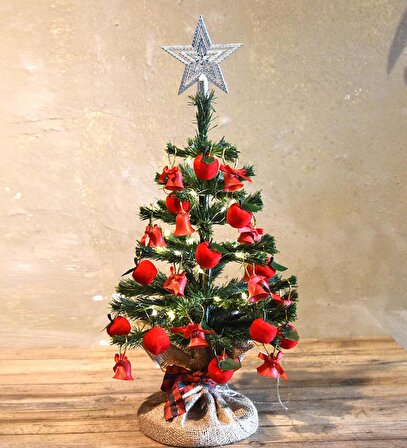 Masaüstü Kırmızı Konsept Süslü Çam Ağacı 40 cm, Kütüklü Jütlü 25 parça Süs ve Işık