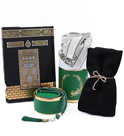 Kur'an-ı Kerim & Özel Silindir Kutusunda Yeşil Tafta Seccade ve İnci Tespih Seti & Siyah Şal Hediye Seti