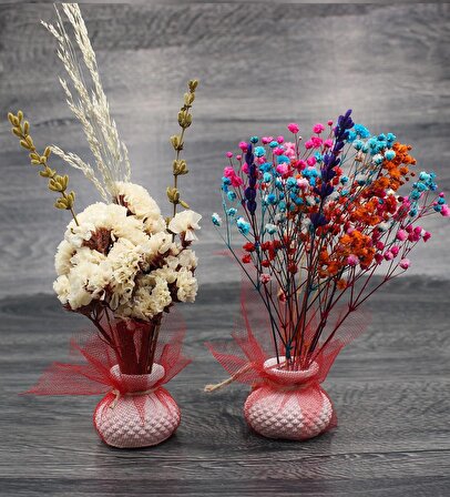Sevgililer Gününe Özel Metal Mum & Mini Saksıda Kuru Çiçek & Kırmızı Bardak Mum Hediye Seti