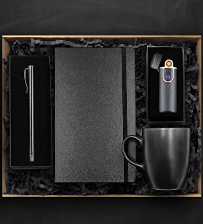 Dokunmatik Siyah Şarjlı USB Çakmak & Roller Kalem & Siyah Defter & Siyah Kupa Premium Hediye Seti