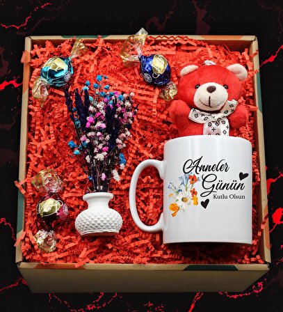 Anneler Gününe Özel Kupa & Kırmızı Mini Ayıcık & Kuru Çiçek & 3'lü Lavi Çikolata Hediye Seti T2