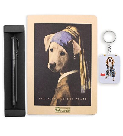Siyah Roller Kalem & İnci Küpeli Köpek Figürlü Defter & Köpek Figürlü Anahtarlık Hediye Seti