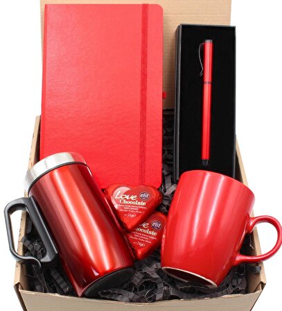 Kırmızı Bardak Termos & Kırmızı Roller Kalem & Kırmızı Defter & Kupa & 2'li Kalp Çikolata Hediye Seti