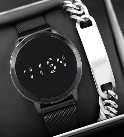 Siyah Renk Hasır Kordon Unisex Mıknatıslı Dijital Kol Saati & Gümüş Renk Zincir Bileklik Hediye Seti