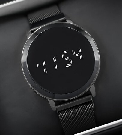 Siyah Renk Hasır Kordon Unisex Mıknatıslı Dijital Kol Saati & Gümüş Renk Zincir Bileklik Hediye Seti