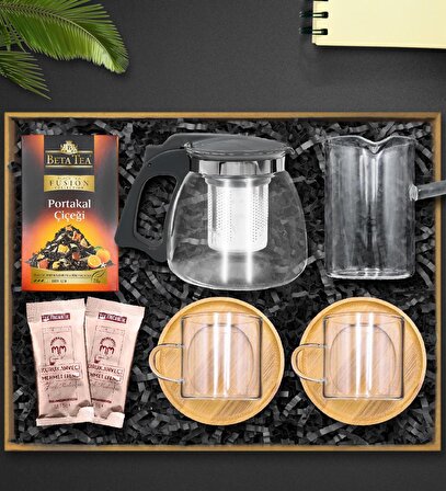 Isıya Dayanıklı Cam Demlik & Cam Cezve & 2'li Bambulu Cam Fincan Takımı & Bitki Çayı & Tek Kullanımlık Kahve Hediye Seti