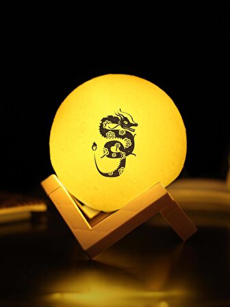 Ejder Motif Baskılı 3D Ay Gece Lambası Dekoratif Stand Hediyeli Dolunay Gece Lambası