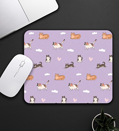 Kedili Kupa & Kedi Figürlü Mor Renk Mouse Pad 23x19cm Fare Altlığı Kaydırmaz Taban De582 Ofis Hediyesi