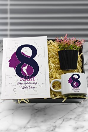 Kadınlar Gününe Özel Puzzle & Motto Fincan & Yapay Çiçek Hediye Seti Kadınlar Günü Hediyesi