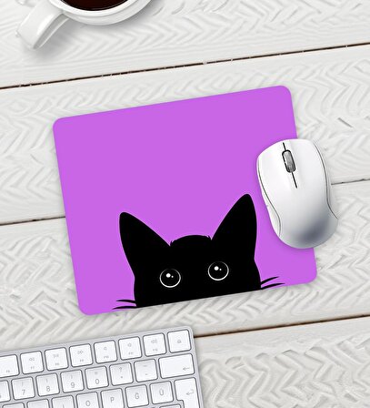 Mor Renk Kedi Baskılı Mouse Pad 23x19cm Fare Altlığı Kaydırmaz Taban