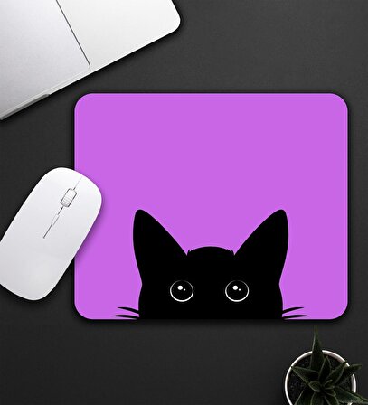 Mor Renk Kedi Baskılı Mouse Pad 23x19cm Fare Altlığı Kaydırmaz Taban