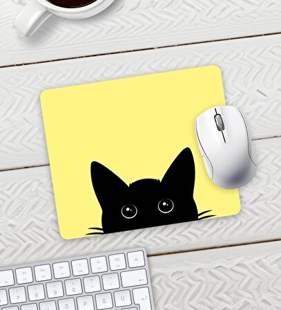 Sarı Renk Kedi Baskılı Mouse Pad 23x19cm Fare Altlığı Kaydırmaz Taban