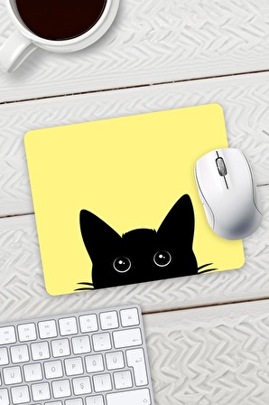 Sarı Renk Kedi Baskılı Mouse Pad 23x19cm Fare Altlığı Kaydırmaz Taban