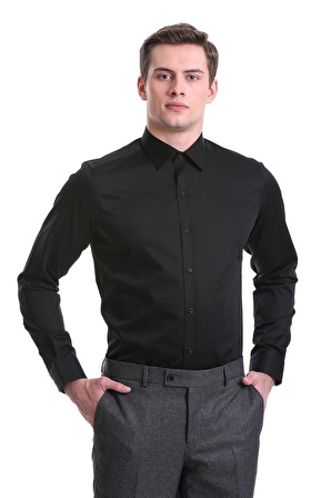 Siyah Slim Fit Düz 100% Pamuklu Slim Yaka Uzun Kollu Casual Saten Gömlek | S