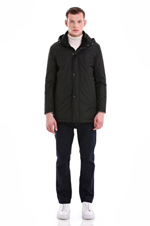 Siyah Slim Fit Desenli Hakim Yaka Kapüşonlu Kaban | S