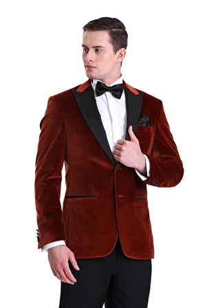 Kiremit Slim Fit Düz Sivri Yaka Kadife Klasik Smokin Damatlık | 50