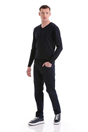 Lacivert Regular Fit Düz V Yaka Yünlü Triko Kazak | L