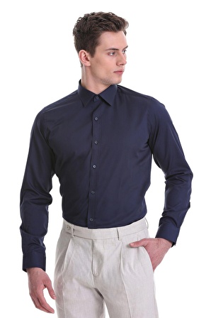 Lacivert Slim Fit Düz 100% Pamuklu Slim Yaka Uzun Kollu Casual Saten Gömlek | XXL