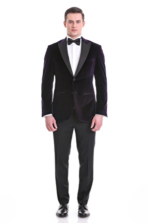 Mor Slim Fit Düz Sivri Yaka Kadife Klasik Smokin Damatlık | 50